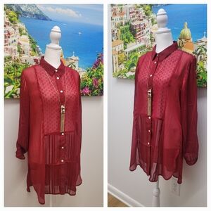 Sheer Red Button-Up Blouse